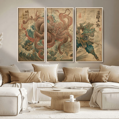 Tsukioka Yoshitoshi Samurai Wall Art Print, Japanese Katana Warrior Canvas Wall Art, Octopus Sea Monster Canvas Print,