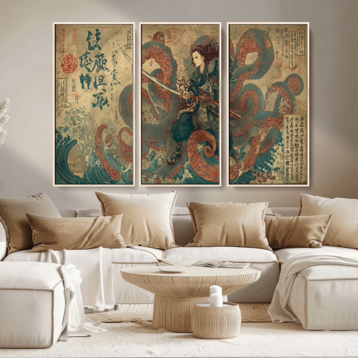 Tsukioka Yoshitoshi Samurai Wall Art Print, Japanese Katana Warrior Canvas Wall Art, Octopus Sea Monster Canvas Print,