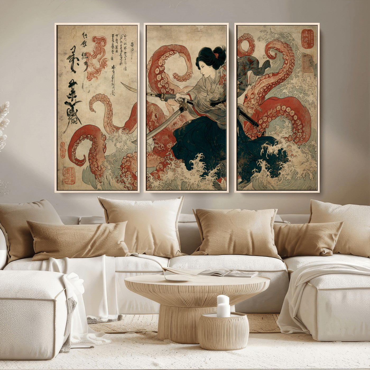 Tsukioka Yoshitoshi Samurai Wall Art Print, Japanese Katana Warrior Canvas Wall Art, Octopus Sea Monster Canvas Print,