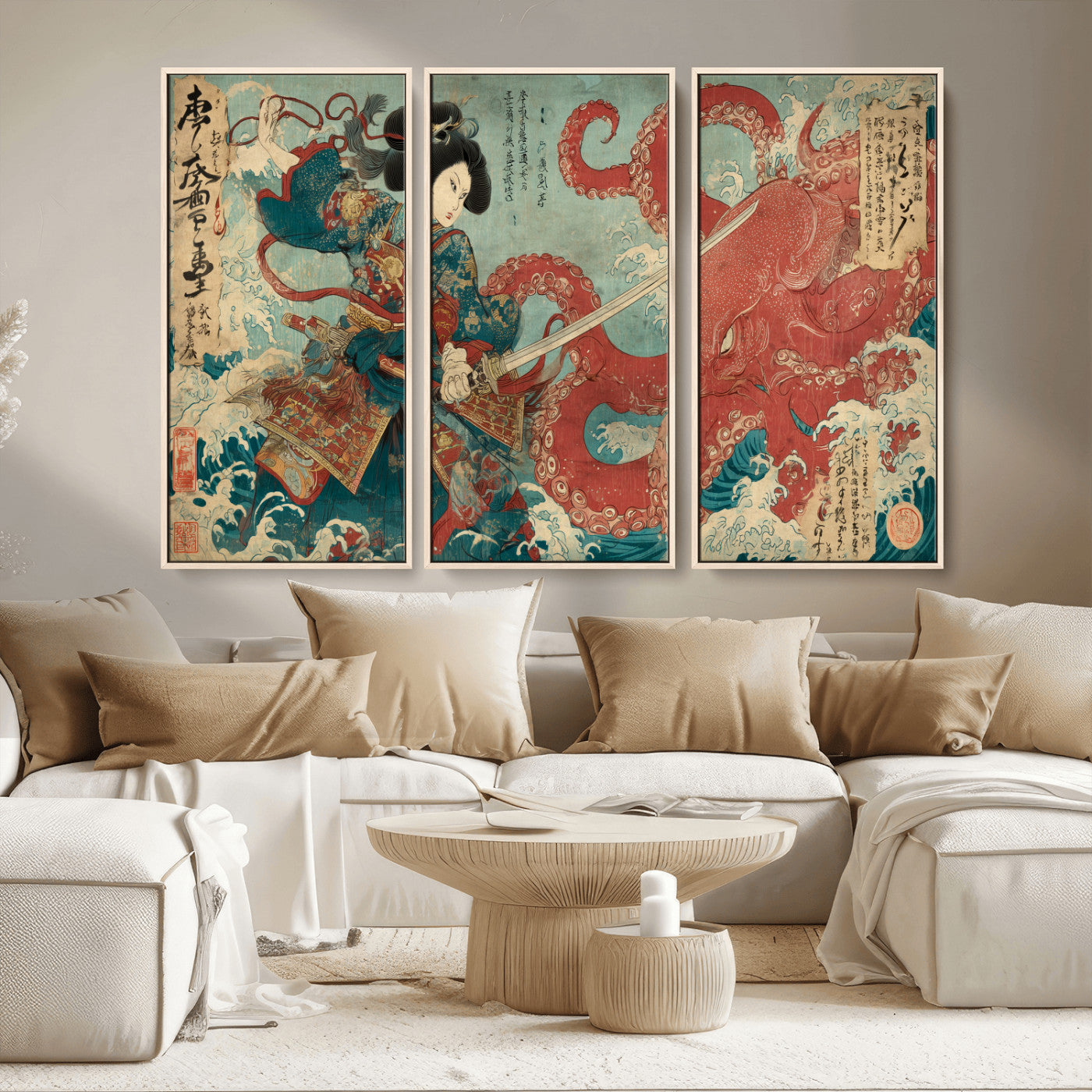 Tsukioka Yoshitoshi Samurai Wall Art Print, Japanese Katana Warrior Canvas Wall Art, Octopus Sea Monster Canvas Print,