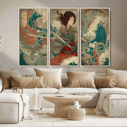 Tsukioka Yoshitoshi Samurai Wall Art Print, Japanese Katana Warrior Canvas Wall Art, Octopus Sea Monster Canvas Print,