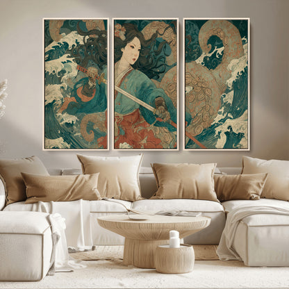 Tsukioka Yoshitoshi Samurai Wall Art Print, Japanese Katana Warrior Canvas Wall Art, Octopus Sea Monster Canvas Print,