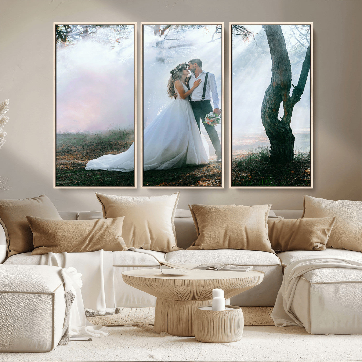 MGV-FC-48X32-3P - Forest Wedding Wall Art – Romantic Bride and Groom Canvas Print, Enchanted Woodland Photography Decor for Bedroom, Living Room, or Wedding Gift