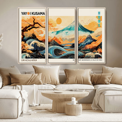 Modern Japanese-style art print featuring a stylized Mount Fuji, flowing waves, and vibrant landscapes in bold colors, inspired by traditional and contemporary aesthetics.