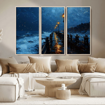 "Impressionistic painting of a rainy pier at night with glowing street lamps reflecting on the wet surface, ocean waves crashing under a dark blue sky."