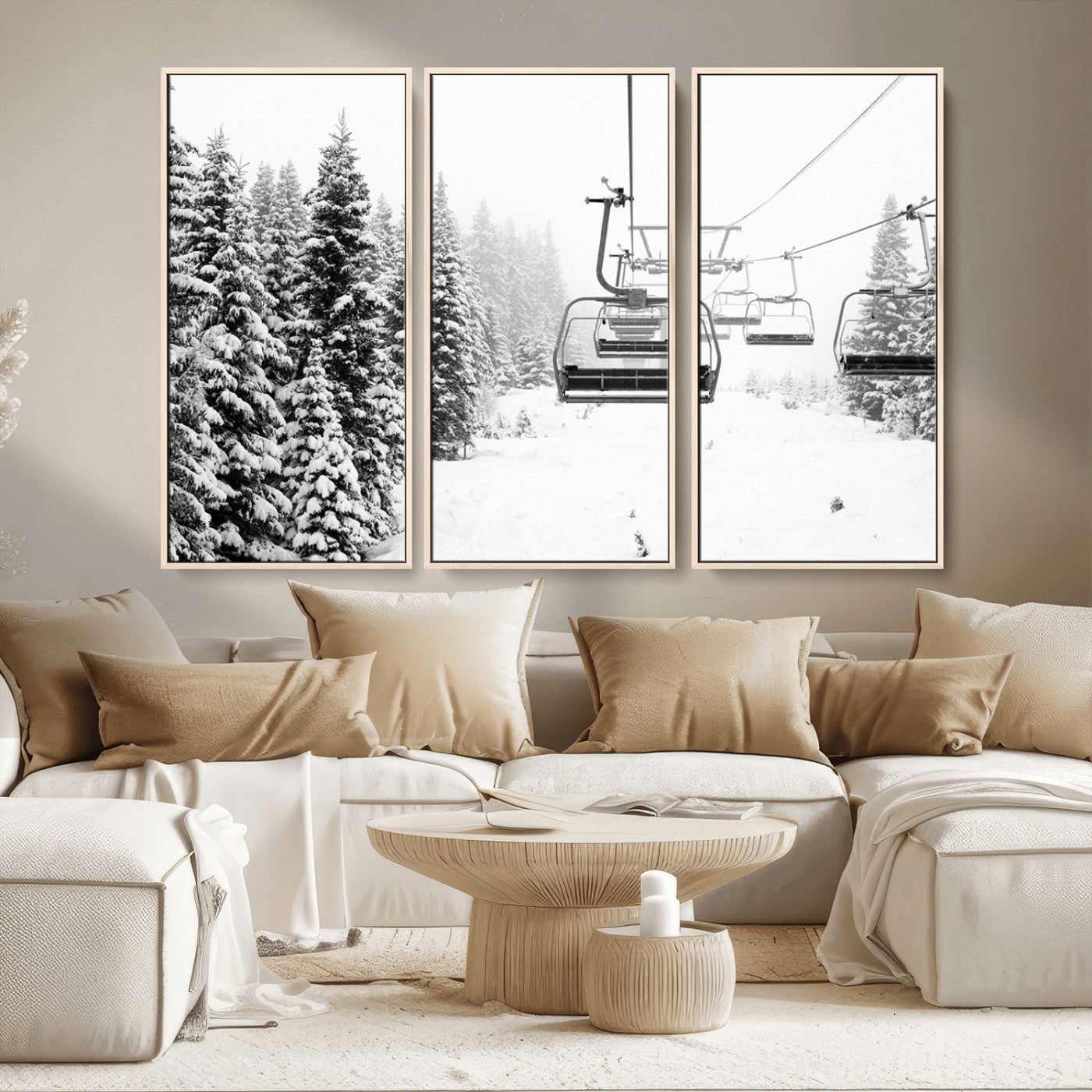 Black and white canvas of empty ski lifts over a snowy pine forest, perfect for minimal winter or ski lodge-inspired decor.