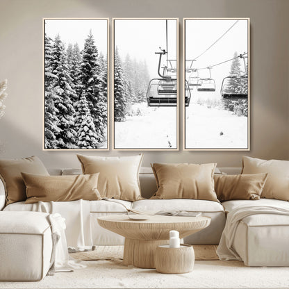 Black and white canvas of empty ski lifts over a snowy pine forest, perfect for minimal winter or ski lodge-inspired decor.