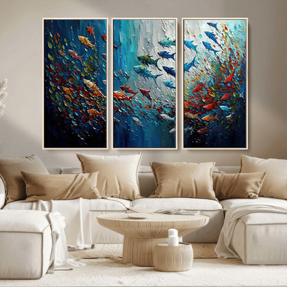 Colorful painting of fish swimming in abstract ocean swirls, perfect for vibrant marine-themed or expressive coastal home decor.