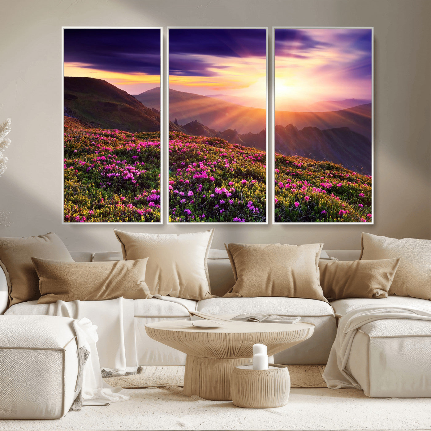 -Mountain Sunrise Wall Art – Vibrant Floral Landscape Canvas Print, Nature Home Decor for Living Room, Bedroom Office or Cabin