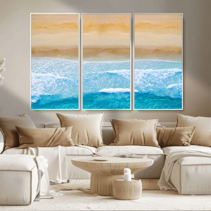 -Aerial Beach Wall Art – Serene Ocean Waves & Sandy Shore Canvas Print, Coastal Home Decor for Living Room, Bedroom or Office