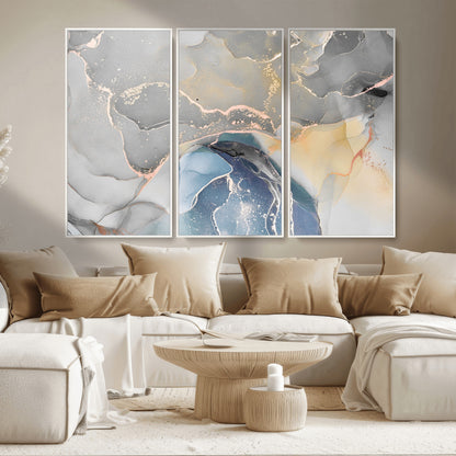 -Abstract Fluid Art Wall Decor – Blue, Gray & Gold Canvas Print, Modern Home and Office Wall Art Decor for Living Room, Bedroom or Workspace