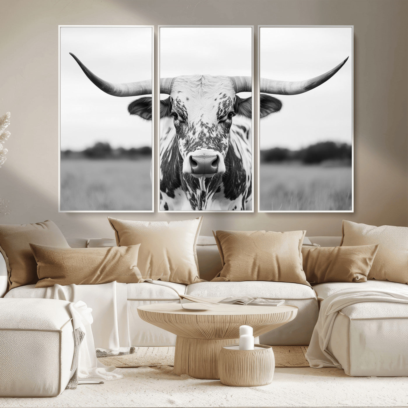 Capture the strength and elegance of nature with this striking black and white portrait of a longhorn cow. Its powerful presence makes a bold statement in any room.
