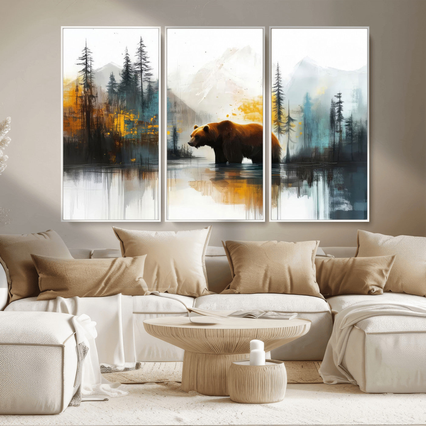 A majestic bear stands by the serene waters of a misty forest, surrounded by towering trees and distant mountains, evoking the raw beauty and wild spirit of nature.