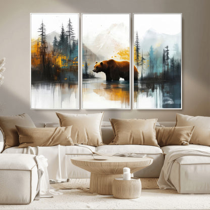 A majestic bear stands by the serene waters of a misty forest, surrounded by towering trees and distant mountains, evoking the raw beauty and wild spirit of nature.