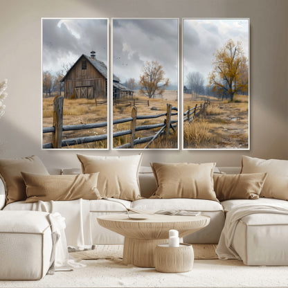 A tranquil rural scene featuring a rustic barn, overcast skies, and golden fields with scattered trees, evoking a sense of peaceful solitude in nature.