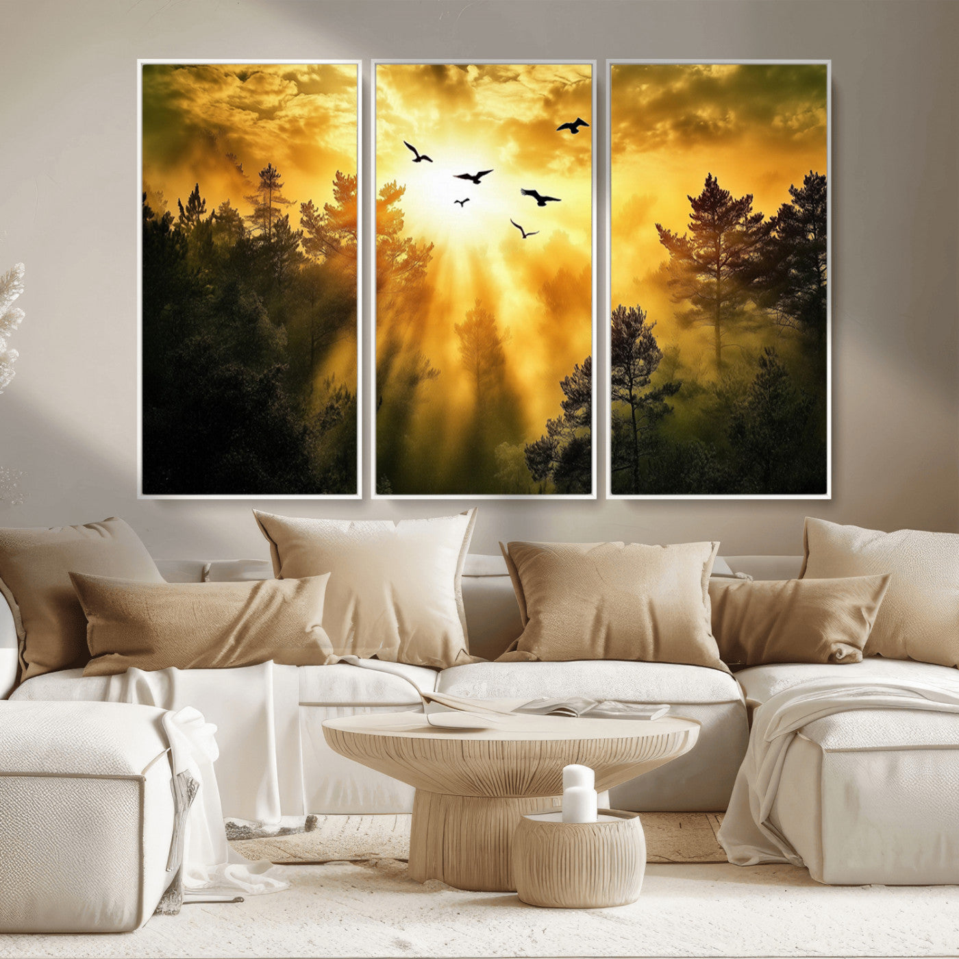 Canvas of a golden forest at sunset with birds flying through glowing sunbeams and silhouetted pine trees, ideal for warm-toned rustic decor.