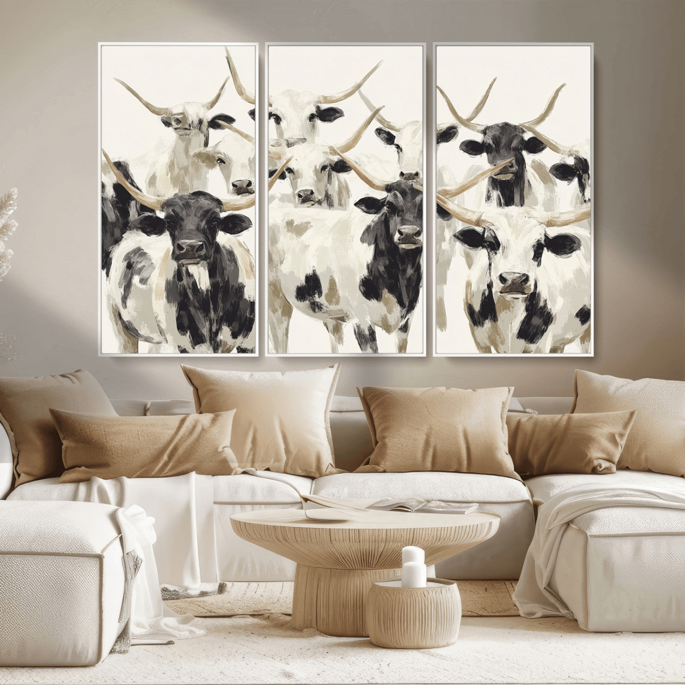 Canvas of a Texas Longhorn cattle herd in neutral black and white tones, ideal for rustic farmhouse or western-themed decor.