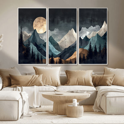 Stylized canvas of layered mountains under a full moon in neutral moody tones, ideal for nature-inspired or modern rustic interiors.