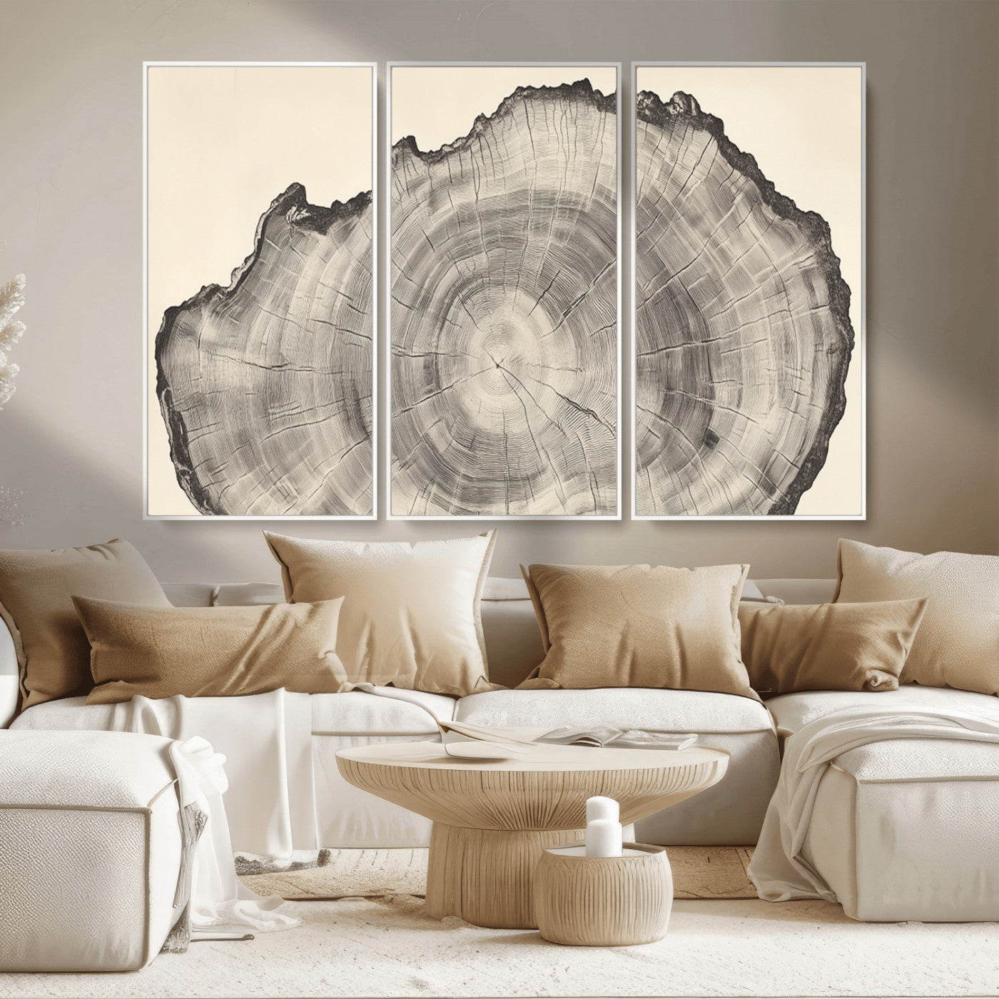 Detailed tree ring drawing in monochrome tones, ideal for rustic or nature-inspired interiors with a minimal decor aesthetic.