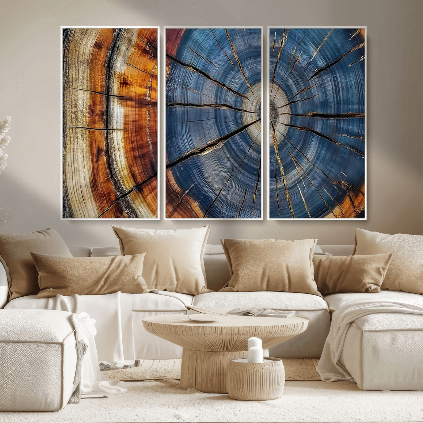 A stunning close-up view of a tree trunk, showcasing the intricate growth rings in a vibrant mix of warm browns, cool blues, and hints of natural texture.