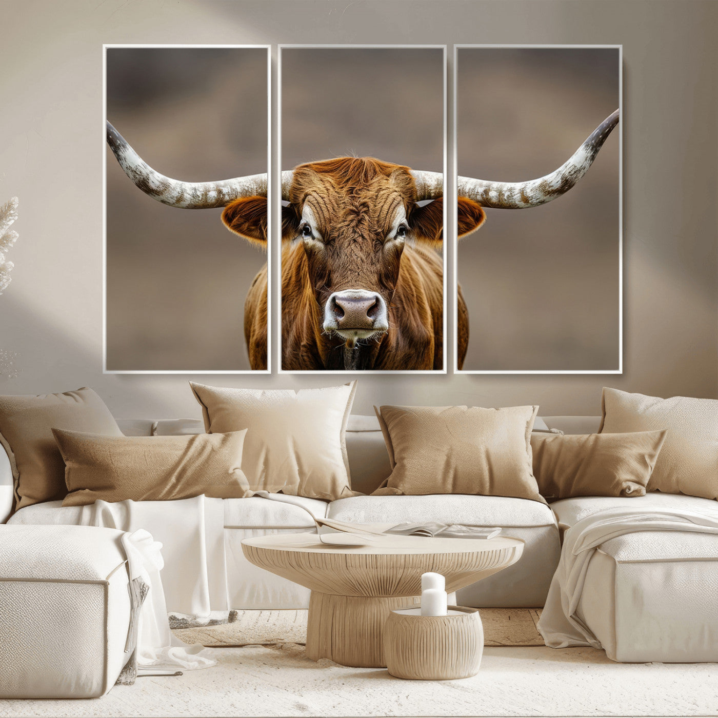 Close-up of a Texas Longhorn with strong curved horns and warm brown tones, perfect for rustic or western-style wall decor.