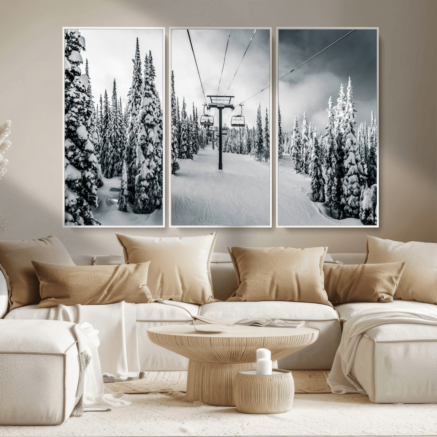 Canvas of a snowy ski lift scene through a forest of tall pine trees, ideal for moody winter or alpine-themed home decor.