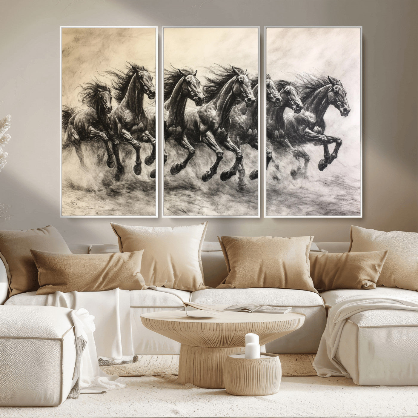 Monochrome drawing of a herd of galloping horses, perfect for dynamic and wild-themed decor in any equestrian or nature-inspired room.
