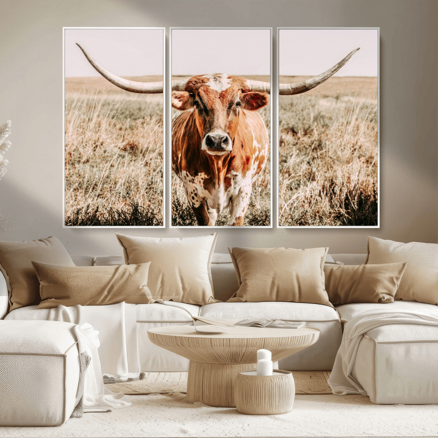 Framed longhorn cow canvas wall art with rustic prairie background, western animal print perfect for farmhouse or ranch style decor
