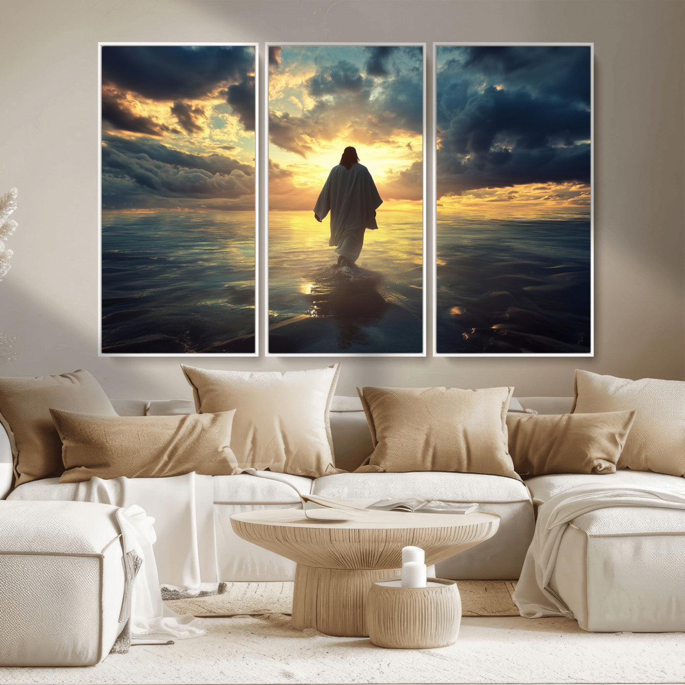 Spiritual artwork of Jesus walking on water at golden hour with divine light, ideal for Christian home decor or prayer room.
