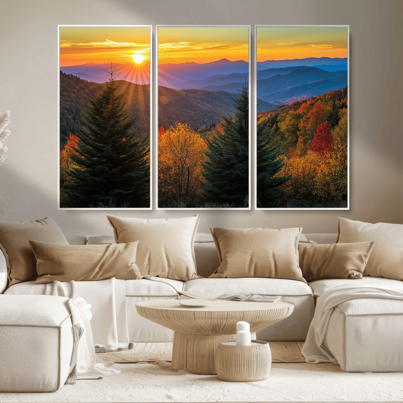 Vibrant sunset over autumn mountains with colorful trees and warm light, ideal for nature lovers or cabin-style wall decor.