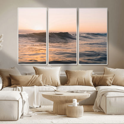 Framed canvas of ocean waves glowing in sunset light, ideal for golden hour calm or peaceful coastal-inspired wall decor.