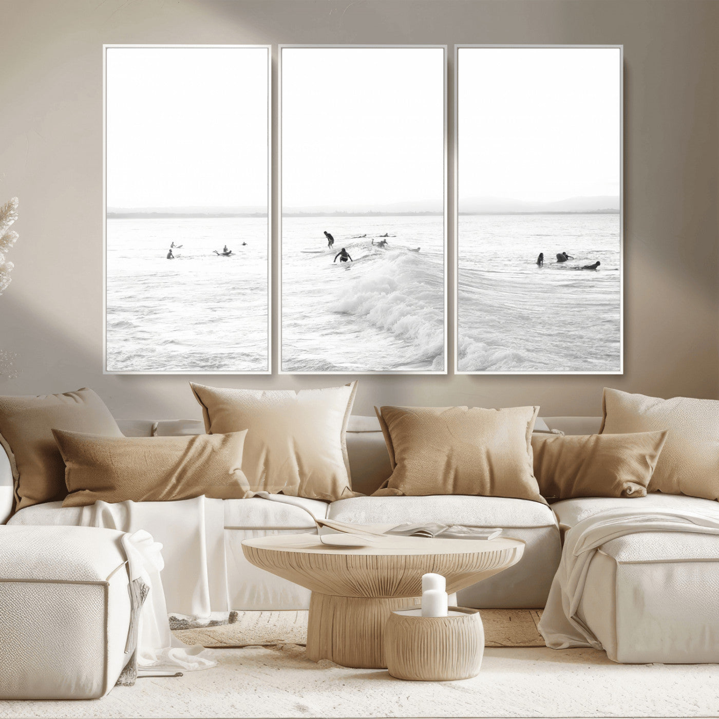 Monochrome photo of surfers riding and waiting on ocean waves, ideal for surf-themed or coastal energy wall decor.