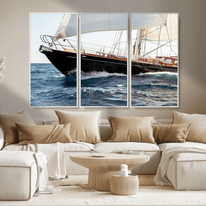Close-up of a classic sailing yacht with wooden deck and full sails, perfect for nautical or coastal-style decor in ocean-themed spaces.