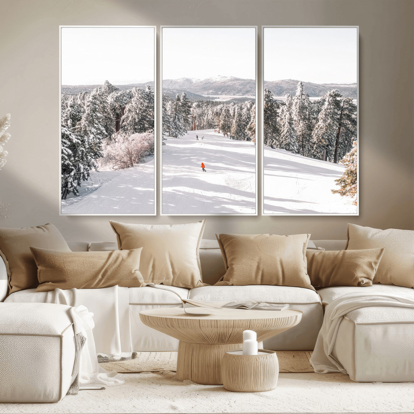 Bright ski trail lined with snow-covered pines and a skier in orange, perfect for alpine adventure or winter sports-inspired decor.