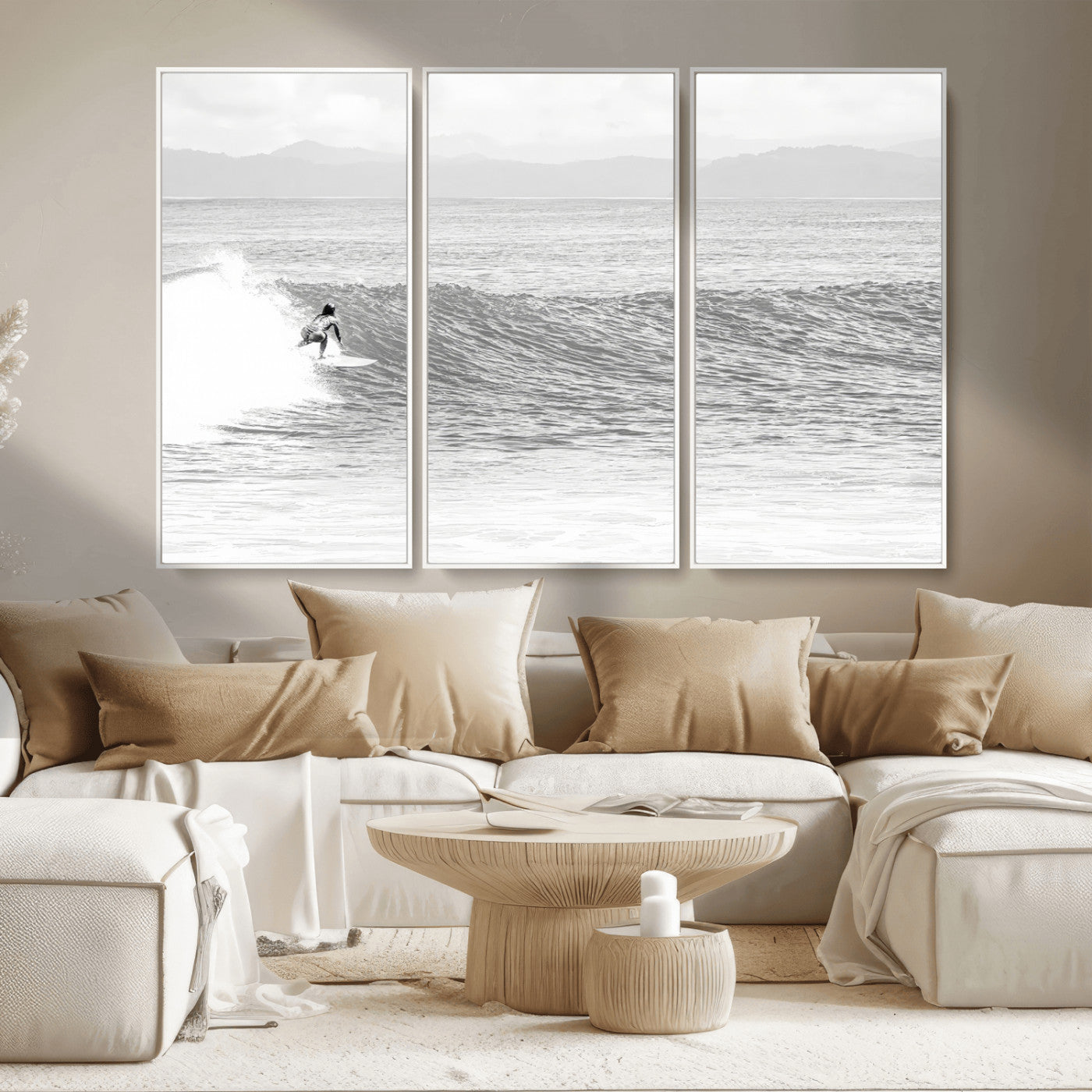 Monochrome photo of a surfer riding a wave with distant mountains, ideal for coastal motion or black and white surf-themed wall decor.