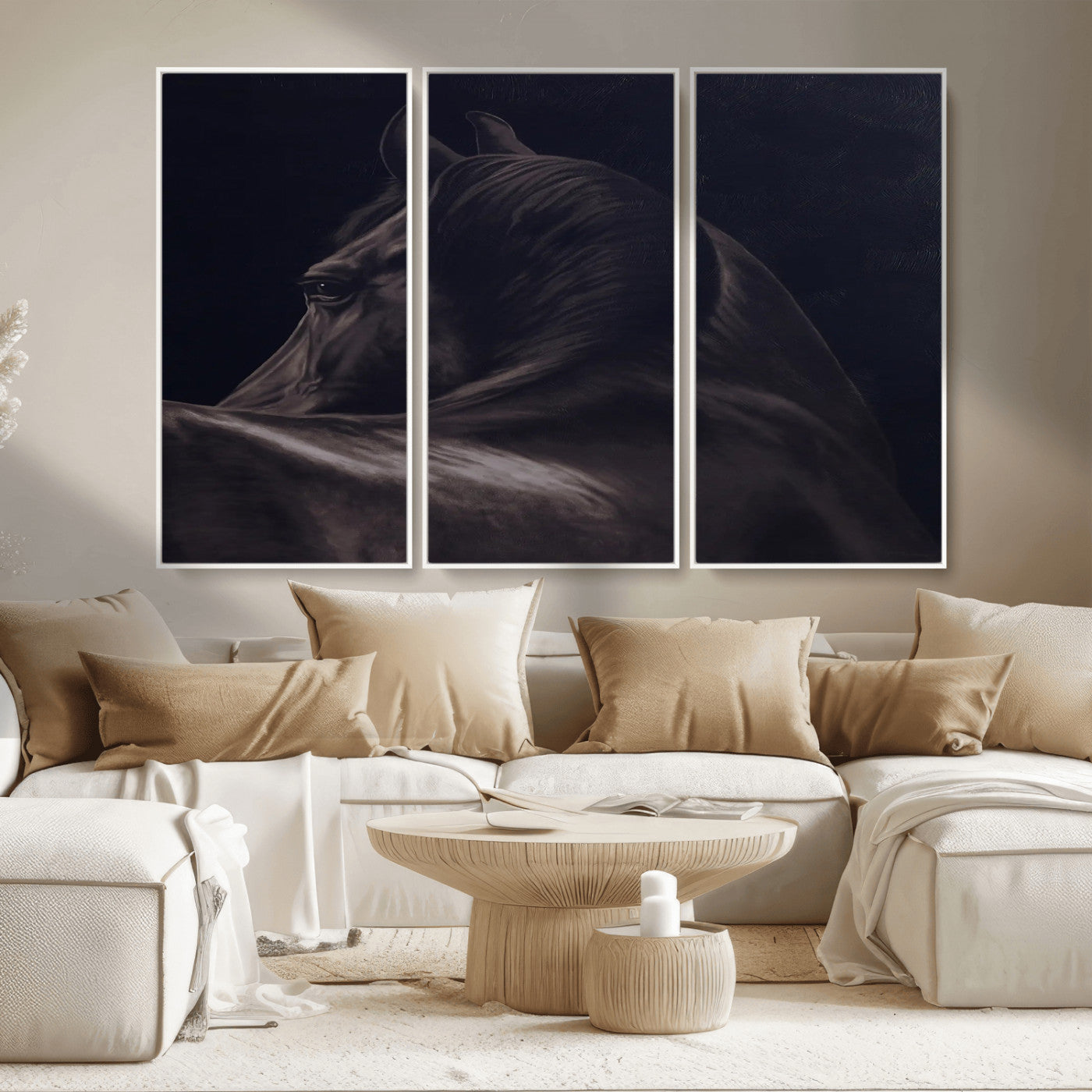 Close-up of a black horse with dramatic lighting on a dark background, perfect for rustic or masculine home decor.