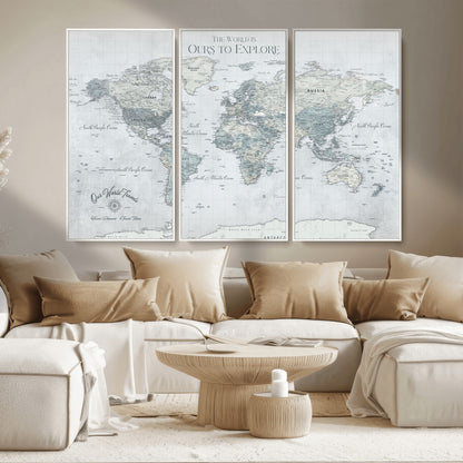 Custom Push Pin World Map Wall Canvas Print – Personalized Travel Tracker with Pins – Framed Custom Quotie Canvas for Home Office Decor