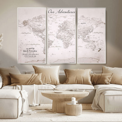 Customize Push Pin World Map Wall Canvas Print – Personalized Travel Map with Foam Pins – Framed Custom Quotie Canvas for Home Office Decor