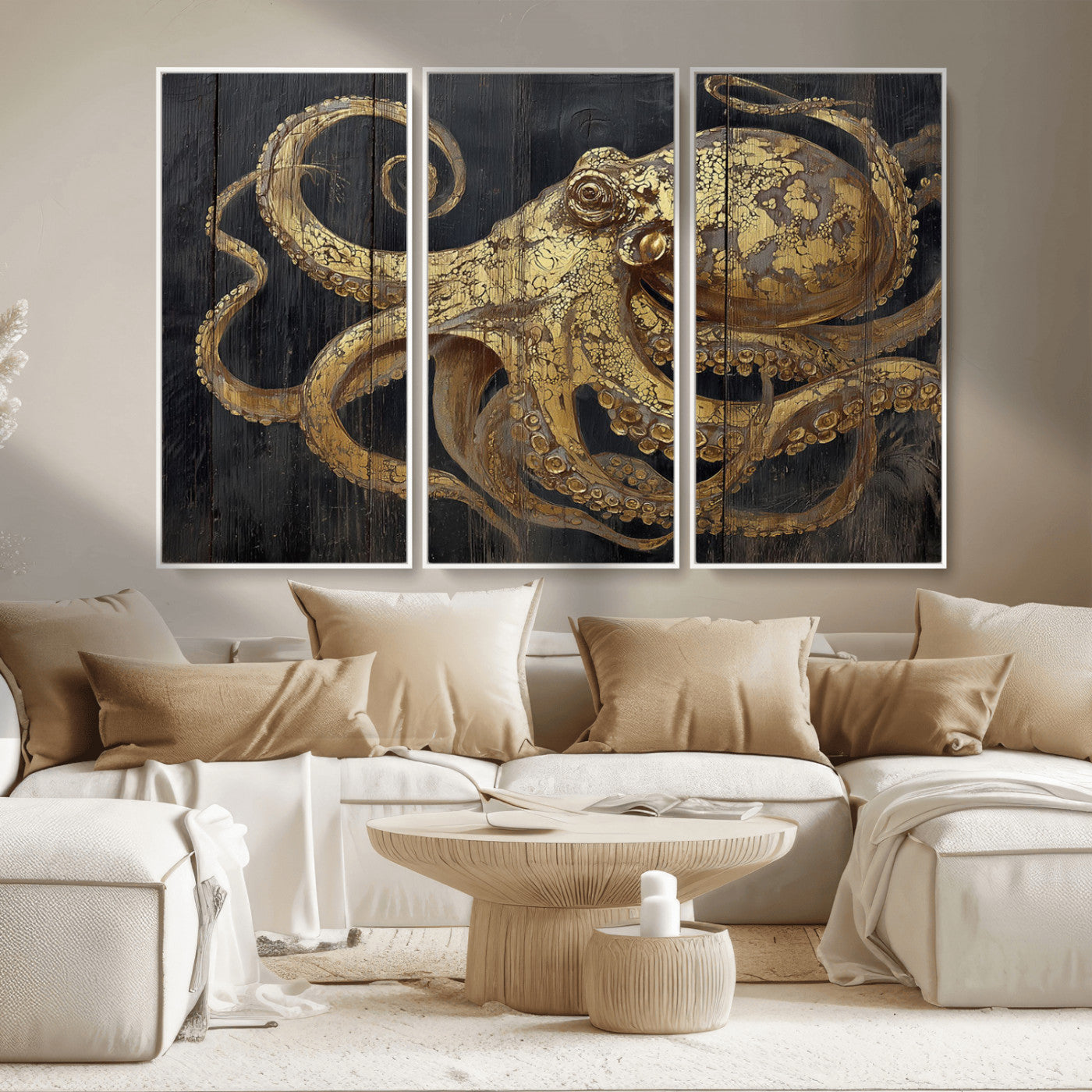A detailed gold illustration of an octopus on black wooden planks, showing its intricate tentacles and textured skin in an artistic style.