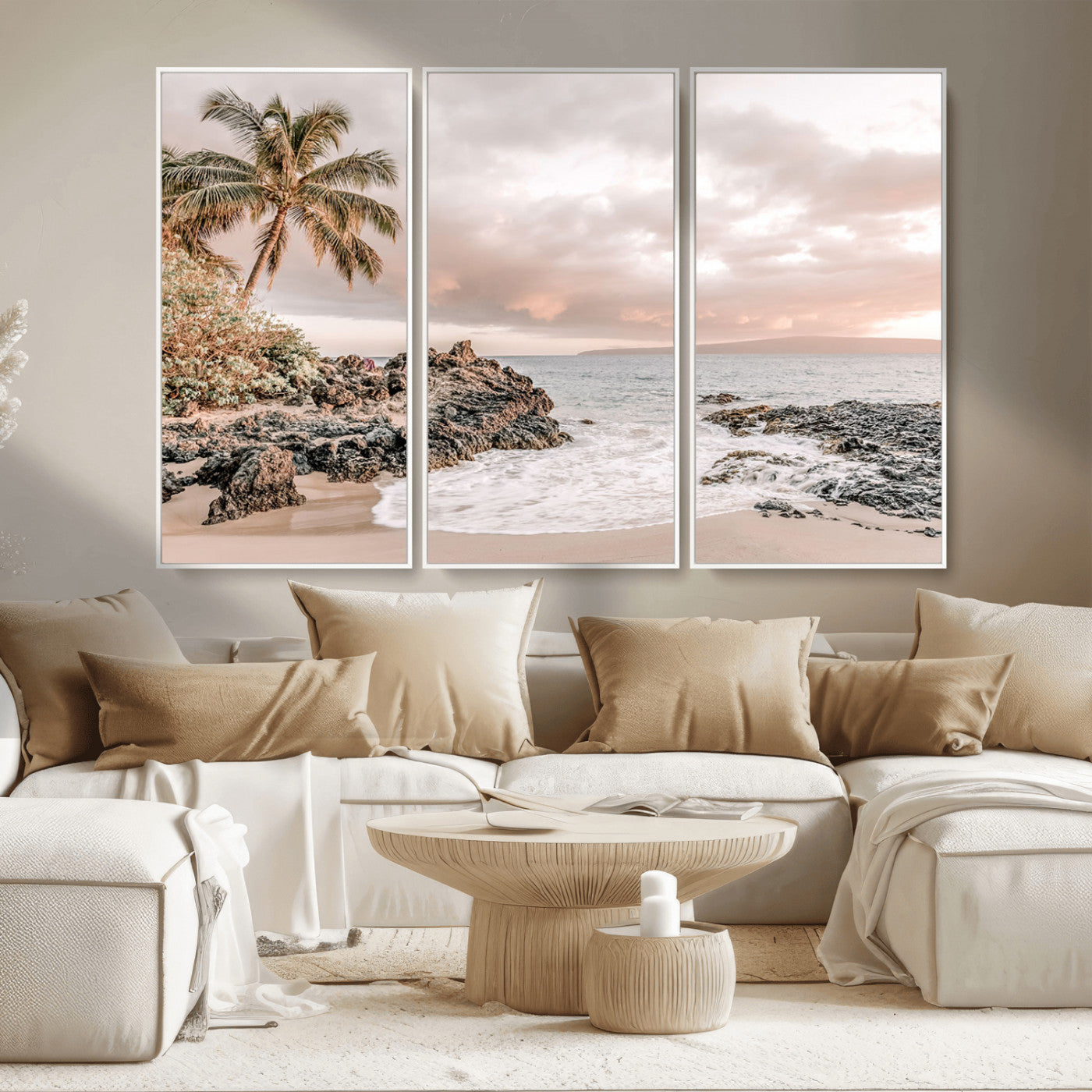 A peaceful beach scene with a palm tree and rocks, soft waves washing onto the shore under a soft pastel sky at sunset.