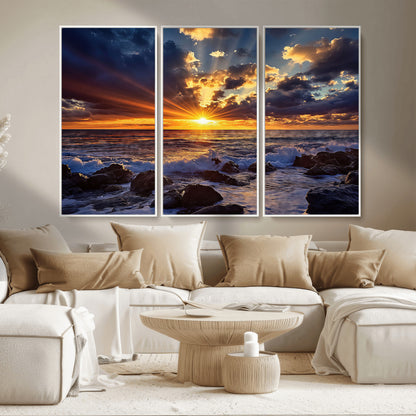 An explosive sunset over the ocean with dramatic clouds and rays of sunlight reflecting off the water, creating a vibrant and captivating view.