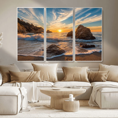 Rocky Ocean Sunset Wall Art Print, Seaside Canvas Wall Art, Dramatic Seascape Canvas Print for Coastal Modern Decor, Ocean Sunset Art Printing