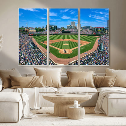 Wrigley Field Baseball Stadium Canvas Wall Art, Packed Crowd Sports Stadium Print, City Skyline Baseball Field Canvas for Game Room Decor