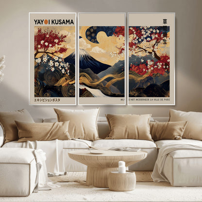 Yayoi Kusama's artwork featuring Mount Fuji, blooming cherry trees, and intricate swirls, blending traditional Japanese elements with vibrant color.