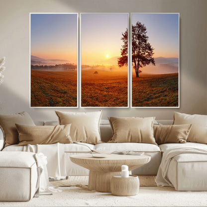 A tranquil landscape at sunrise with a mist-covered field and a lone tree, creating a peaceful and natural atmosphere.