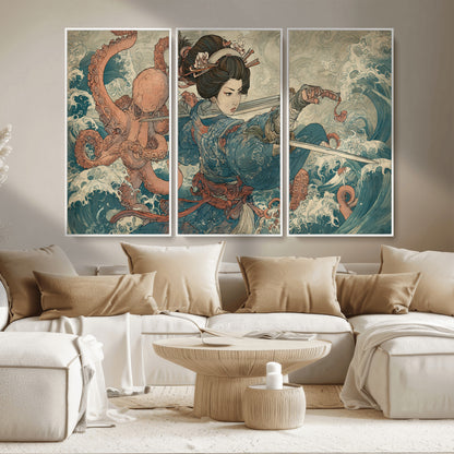 Tsukioka Yoshitoshi Samurai Wall Art Print, Japanese Katana Warrior Canvas Wall Art, Octopus Sea Monster Canvas Print,
