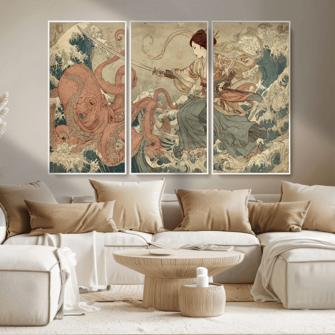 Tsukioka Yoshitoshi Samurai Wall Art Print, Japanese Katana Warrior Canvas Wall Art, Octopus Sea Monster Canvas Print,