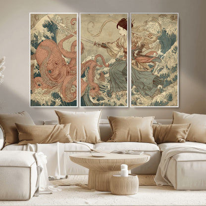 Tsukioka Yoshitoshi Samurai Wall Art Print, Japanese Katana Warrior Canvas Wall Art, Octopus Sea Monster Canvas Print,