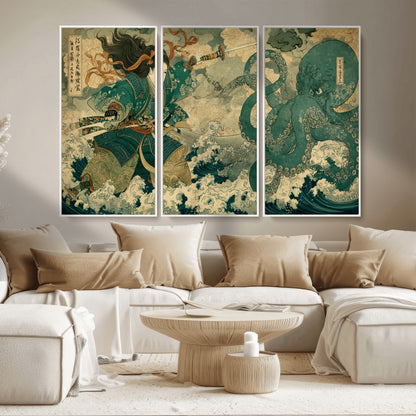 Tsukioka Yoshitoshi Samurai Wall Art Print, Japanese Katana Warrior Canvas Wall Art, Octopus Sea Monster Canvas Print,