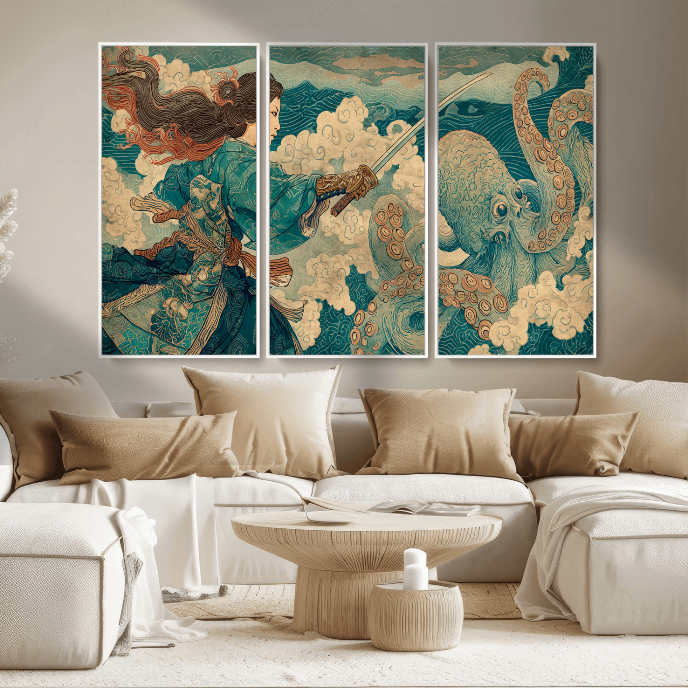 Tsukioka Yoshitoshi Samurai Wall Art Print, Japanese Katana Warrior Canvas Wall Art, Octopus Sea Monster Canvas Print,